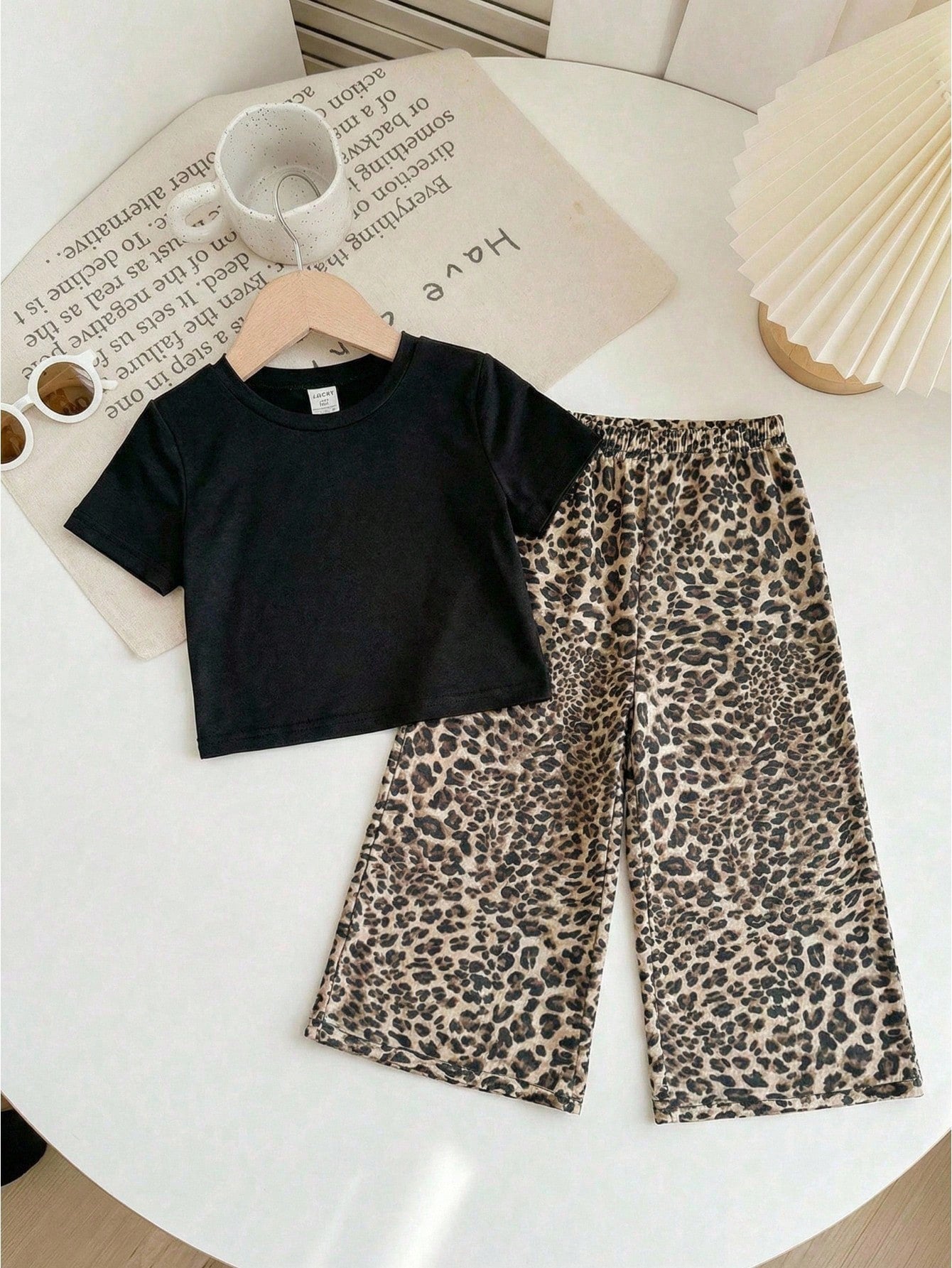 2pcs Baby Girl Solid Color Knit Round Neck Short Sleeve Top And Leopard Print Wide Leg Pants Set, Baby Girl Animal Print