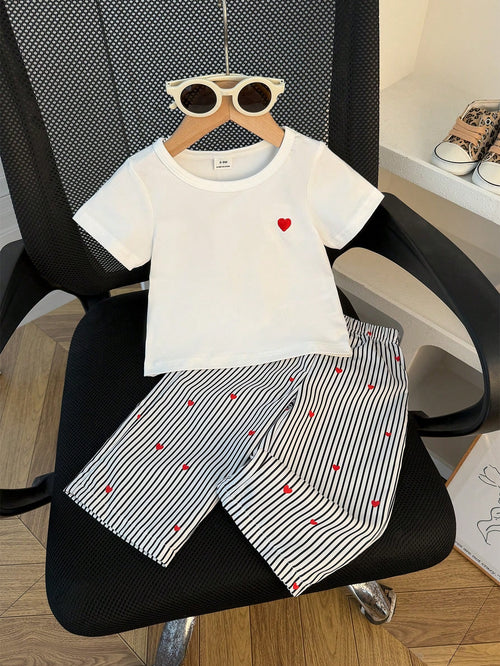 2pcs Baby Girl Summer White Short Sleeve T-Shirt With Black Embroidered Heart & Black And White Striped Pants Set Casual Cute Vacation School Wear
