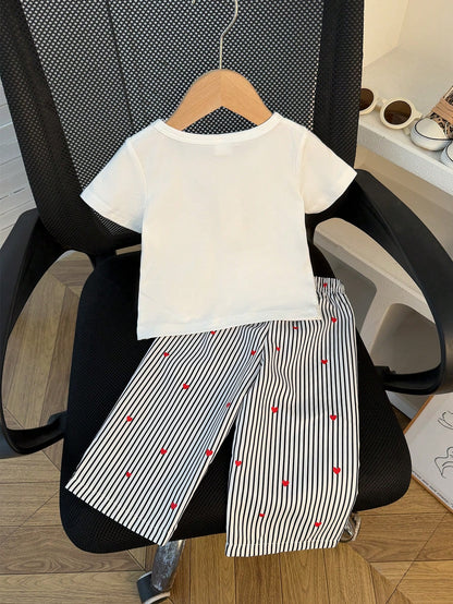 2pcs Baby Girl Summer White Short Sleeve T-Shirt With Black Embroidered Heart & Black And White Striped Pants Set Casual Cute Vacation School Wear