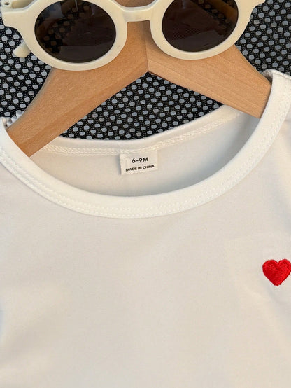 2pcs Baby Girl Summer White Short Sleeve T-Shirt With Black Embroidered Heart & Black And White Striped Pants Set Casual Cute Vacation School Wear