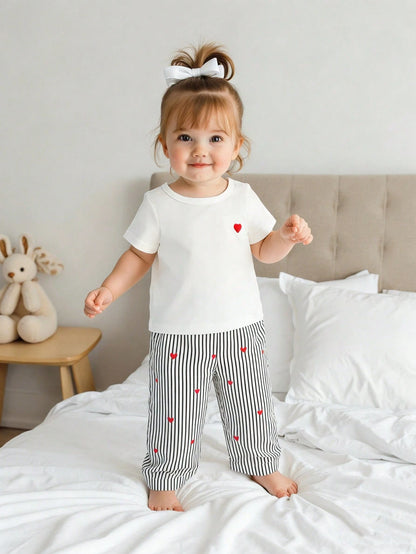2pcs Baby Girl Summer White Short Sleeve T-Shirt With Black Embroidered Heart & Black And White Striped Pants Set Casual Cute Vacation School Wear