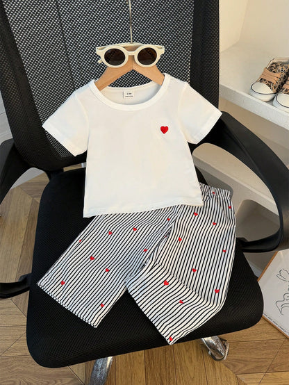 2pcs Baby Girl Summer White Short Sleeve T-Shirt With Black Embroidered Heart & Black And White Striped Pants Set Casual Cute Vacation School Wear