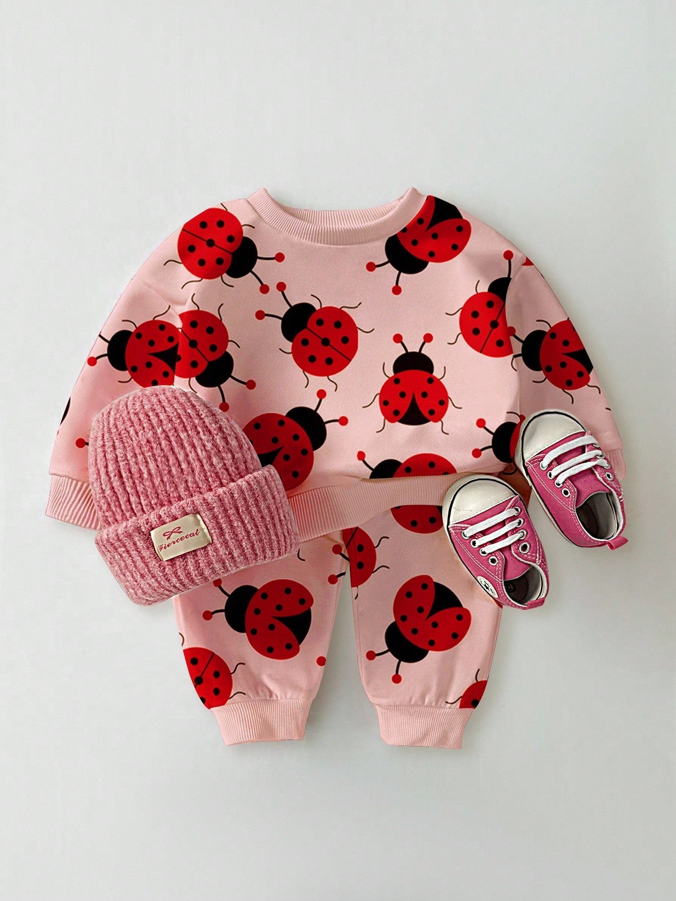 2pcs Baby Girls Casual Fashion Cute Pastoral Style Ladybug Allover Print Pink Crew Neck Sweatshirt And Matching Print Sweatpants Set, Cute Animal Graphic Pullover Outfit For Fall, Autumn Clothing For