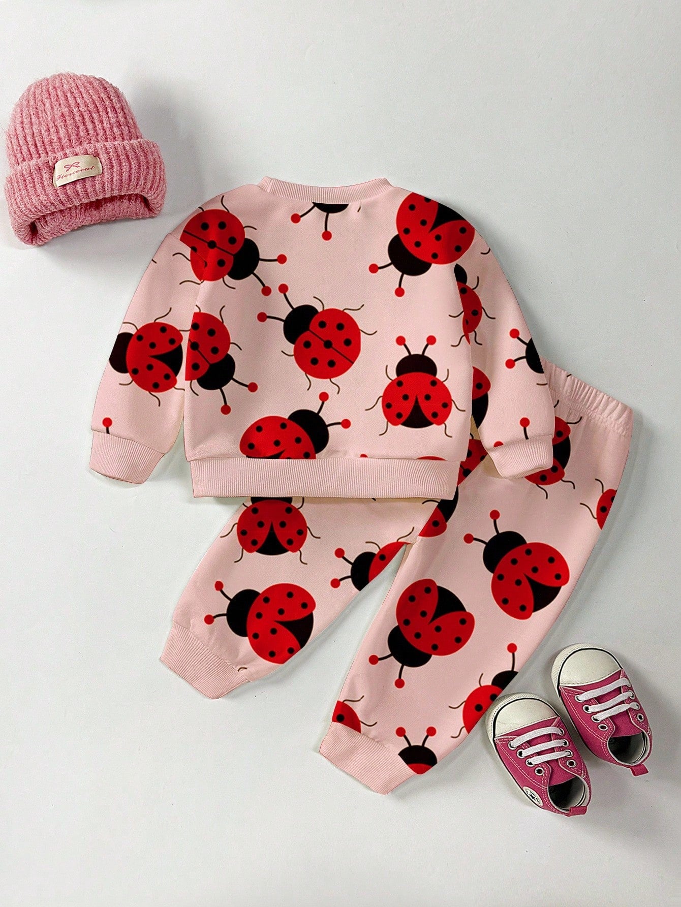 2pcs Baby Girls Casual Fashion Cute Pastoral Style Ladybug Allover Print Pink Crew Neck Sweatshirt And Matching Print Sweatpants Set, Cute Animal Graphic Pullover Outfit For Fall, Autumn Clothing For