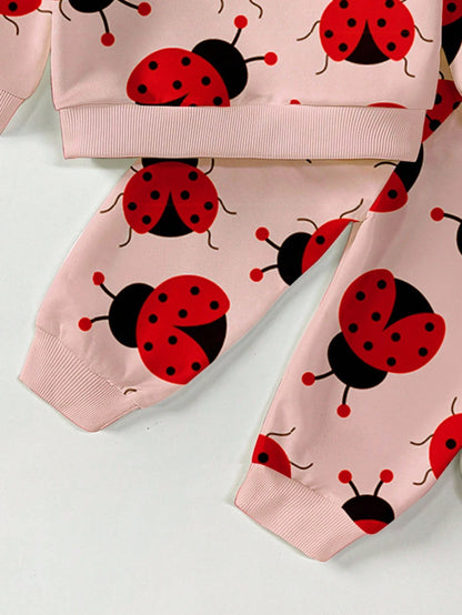 2pcs Baby Girls Casual Fashion Cute Pastoral Style Ladybug Allover Print Pink Crew Neck Sweatshirt And Matching Print Sweatpants Set, Cute Animal Graphic Pullover Outfit For Fall, Autumn Clothing For