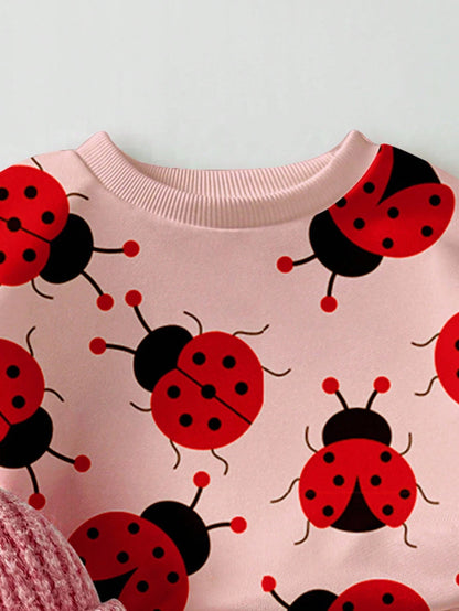2pcs Baby Girls Casual Fashion Cute Pastoral Style Ladybug Allover Print Pink Crew Neck Sweatshirt And Matching Print Sweatpants Set, Cute Animal Graphic Pullover Outfit For Fall, Autumn Clothing For