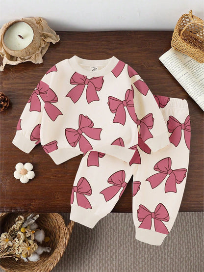 2pcs Baby Girls Casual Fashion Cute Pastoral Style Ladybug Allover Print Pink Crew Neck Sweatshirt And Matching Print Sweatpants Set, Cute Animal Graphic Pullover Outfit For Fall, Autumn Clothing For