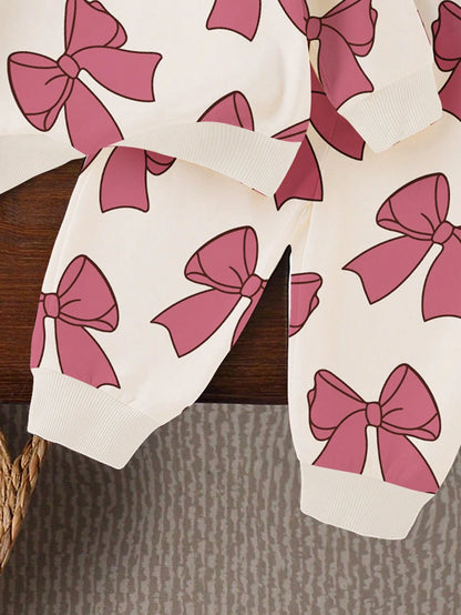 2pcs Baby Girls Casual Fashion Cute Pastoral Style Ladybug Allover Print Pink Crew Neck Sweatshirt And Matching Print Sweatpants Set, Cute Animal Graphic Pullover Outfit For Fall, Autumn Clothing For