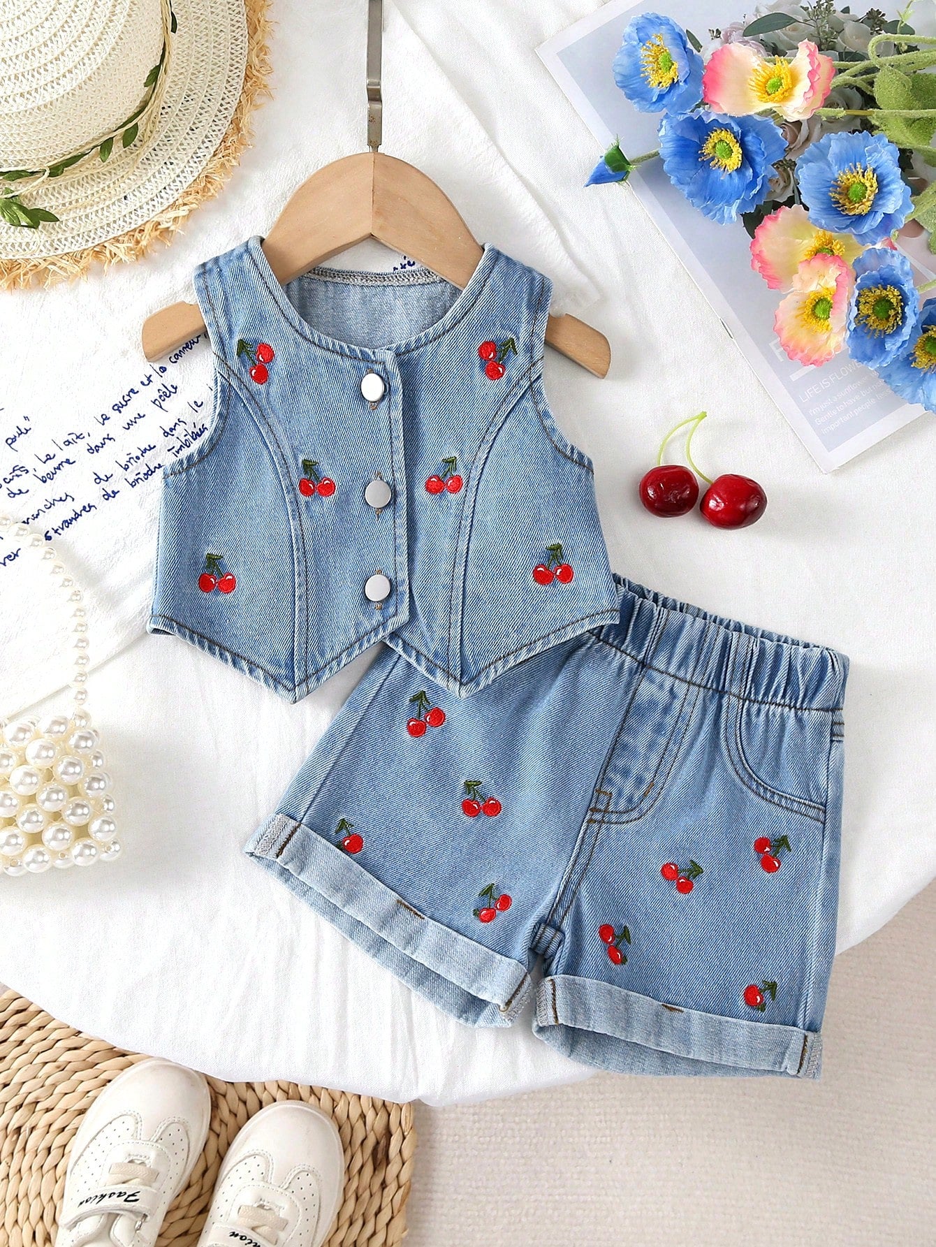 2pcs Baby Girls' Cute Sweet Cherry Embroidery Denim Toddler Outfit Set