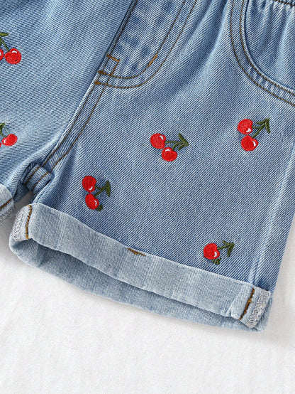 2pcs Baby Girls' Cute Sweet Cherry Embroidery Denim Toddler Outfit Set