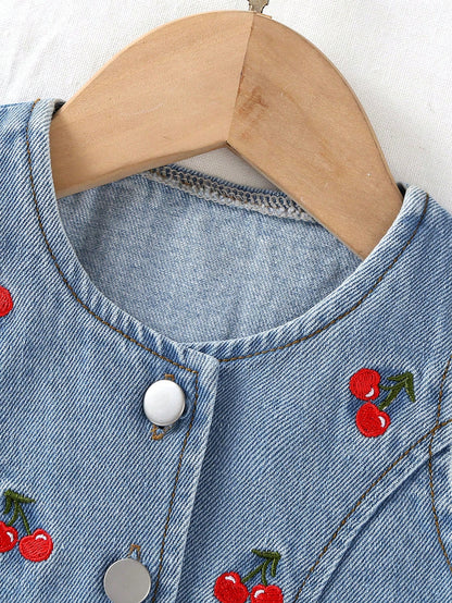 2pcs Baby Girls' Cute Sweet Cherry Embroidery Denim Toddler Outfit Set