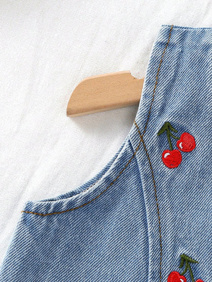 2pcs Baby Girls' Cute Sweet Cherry Embroidery Denim Toddler Outfit Set