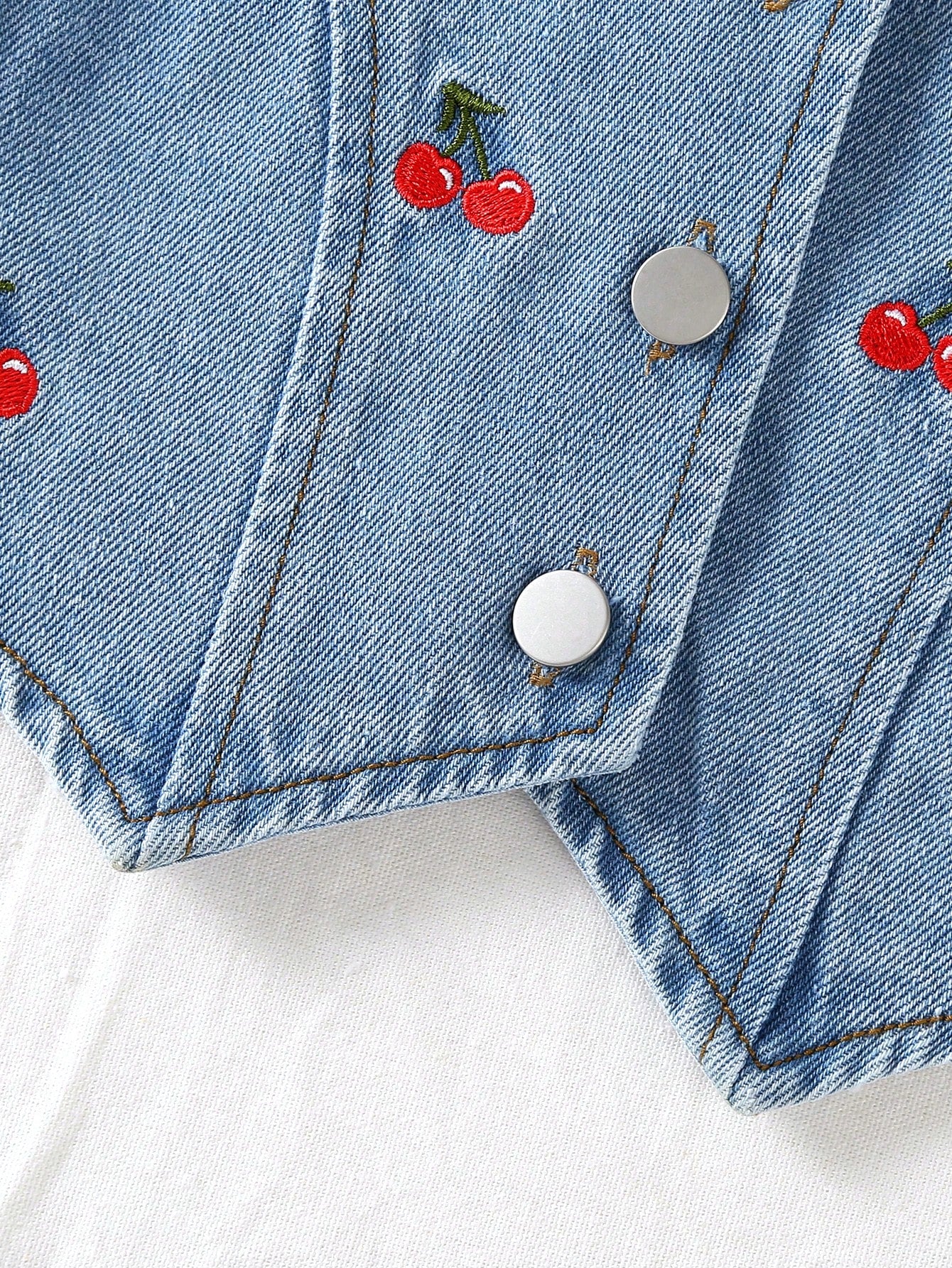 2pcs Baby Girls' Cute Sweet Cherry Embroidery Denim Toddler Outfit Set