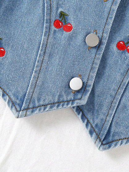 2pcs Baby Girls' Cute Sweet Cherry Embroidery Denim Toddler Outfit Set