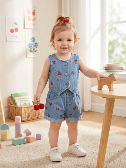 2pcs Baby Girls' Cute Sweet Cherry Embroidery Denim Toddler Outfit Set