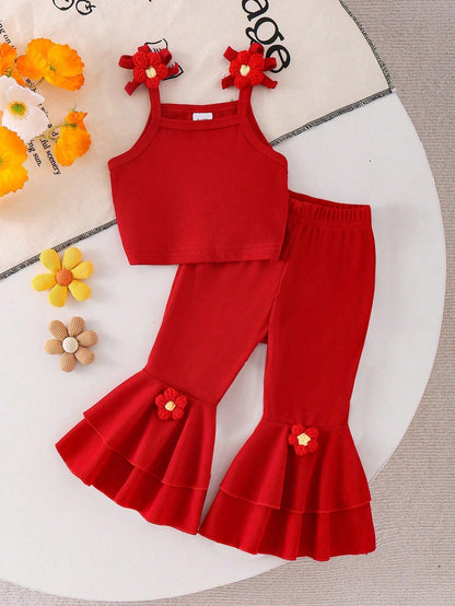 2pcs Baby Girls Floral Camisole Top And Layered Floral Ruffle Bell-Bottom Pants Set, Summer