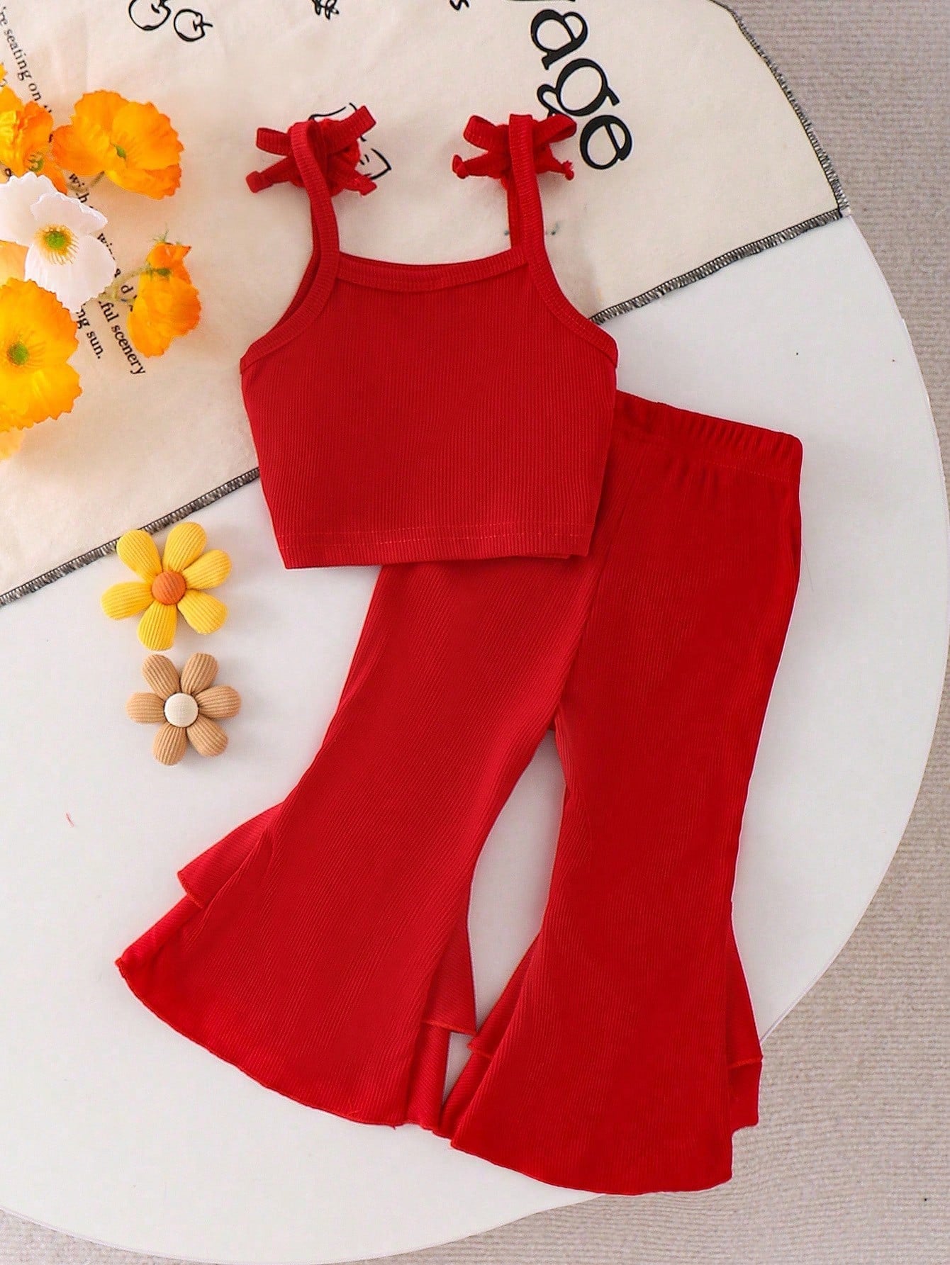 2pcs Baby Girls Floral Camisole Top And Layered Floral Ruffle Bell-Bottom Pants Set, Summer