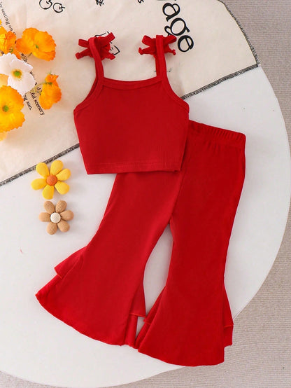 2pcs Baby Girls Floral Camisole Top And Layered Floral Ruffle Bell-Bottom Pants Set, Summer