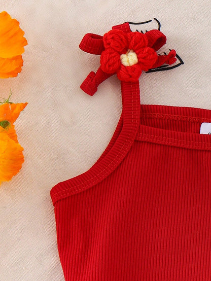 2pcs Baby Girls Floral Camisole Top And Layered Floral Ruffle Bell-Bottom Pants Set, Summer