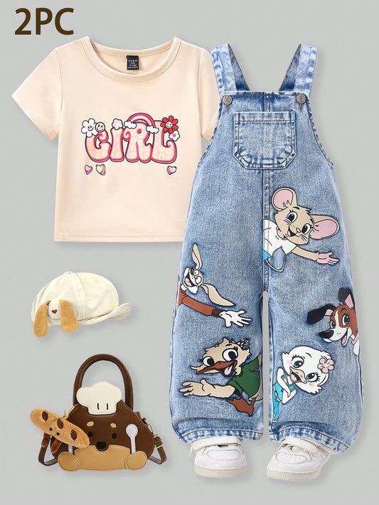 2pcs Baby Girls' Printed Romper Set- Includes Printed Jumpsuit And Matching Short Sleeve Top, Cute Outfit For Outdoor Play And Everyday Wear