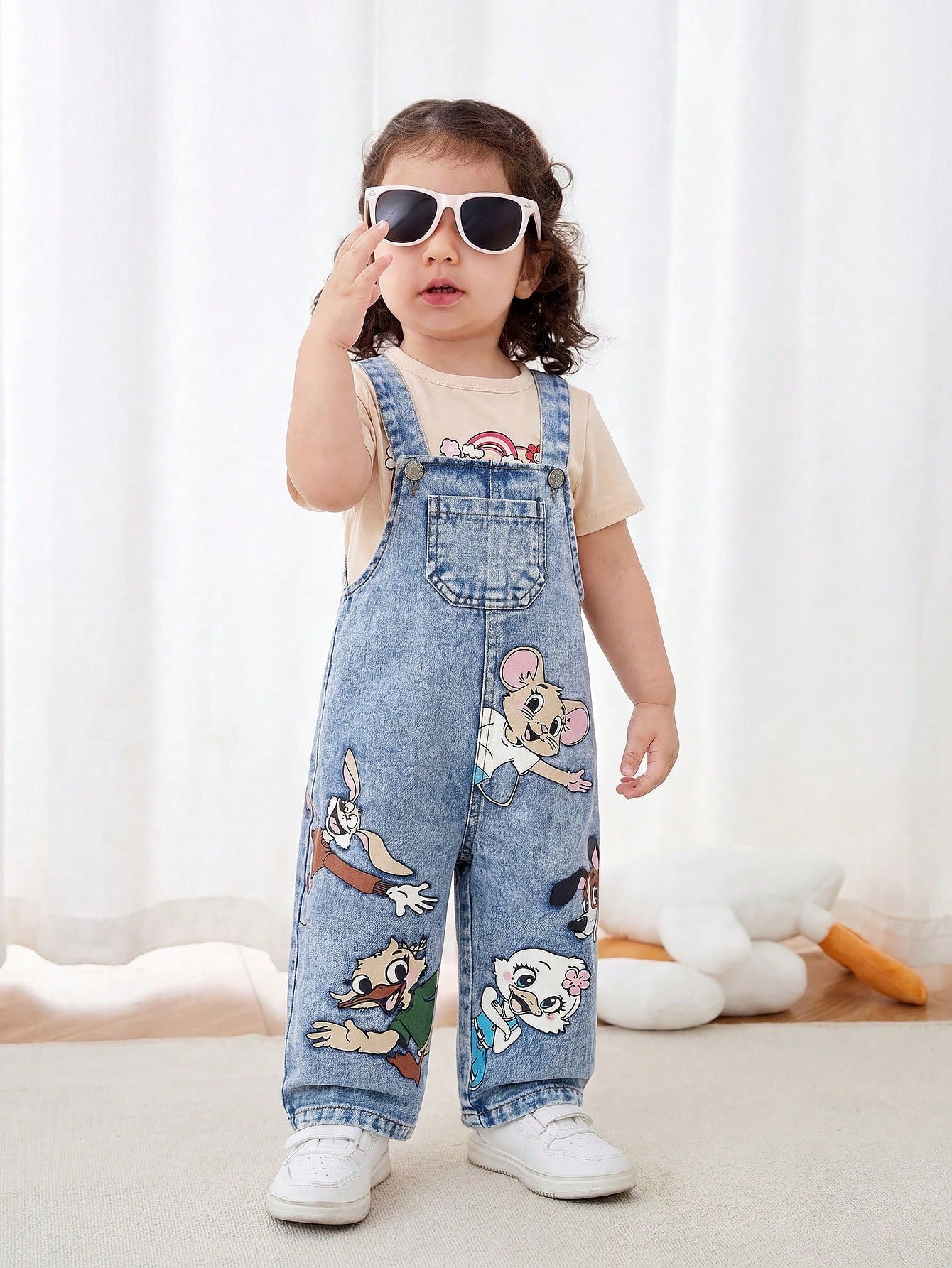 2pcs Baby Girls' Printed Romper Set- Includes Printed Jumpsuit And Matching Short Sleeve Top, Cute Outfit For Outdoor Play And Everyday Wear