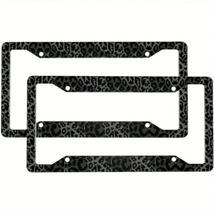 2pcs Black Leopard Print Stainless Steel License Plate Frames, Premium Auto Decor With Covers & Screws For US Vehicles, Ideal For Car Customization Lovers,Car Cover,Car Must Haves,Gifts,Car Decor,Car