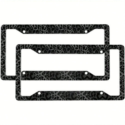 2pcs Black Leopard Print Stainless Steel License Plate Frames, Premium Auto Decor With Covers & Screws For US Vehicles, Ideal For Car Customization Lovers,Car Cover,Car Must Haves,Gifts,Car Decor,Car