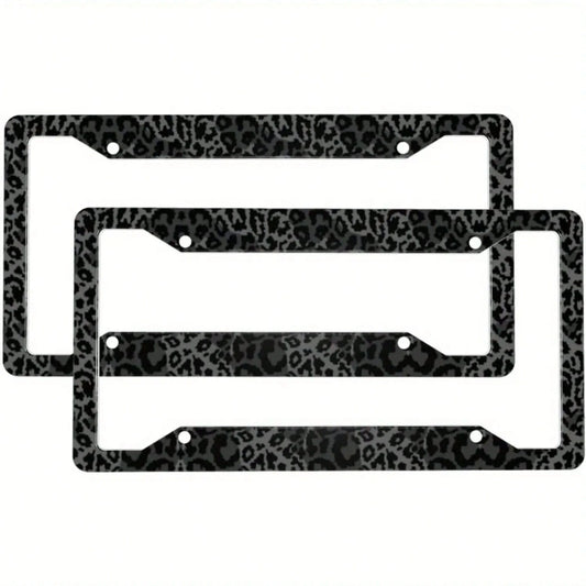2pcs Black Leopard Print Stainless Steel License Plate Frames, Premium Auto Decor With Covers & Screws For US Vehicles, Ideal For Car Customization Lovers,Car Cover,Car Must Haves,Gifts,Car Decor,Car
