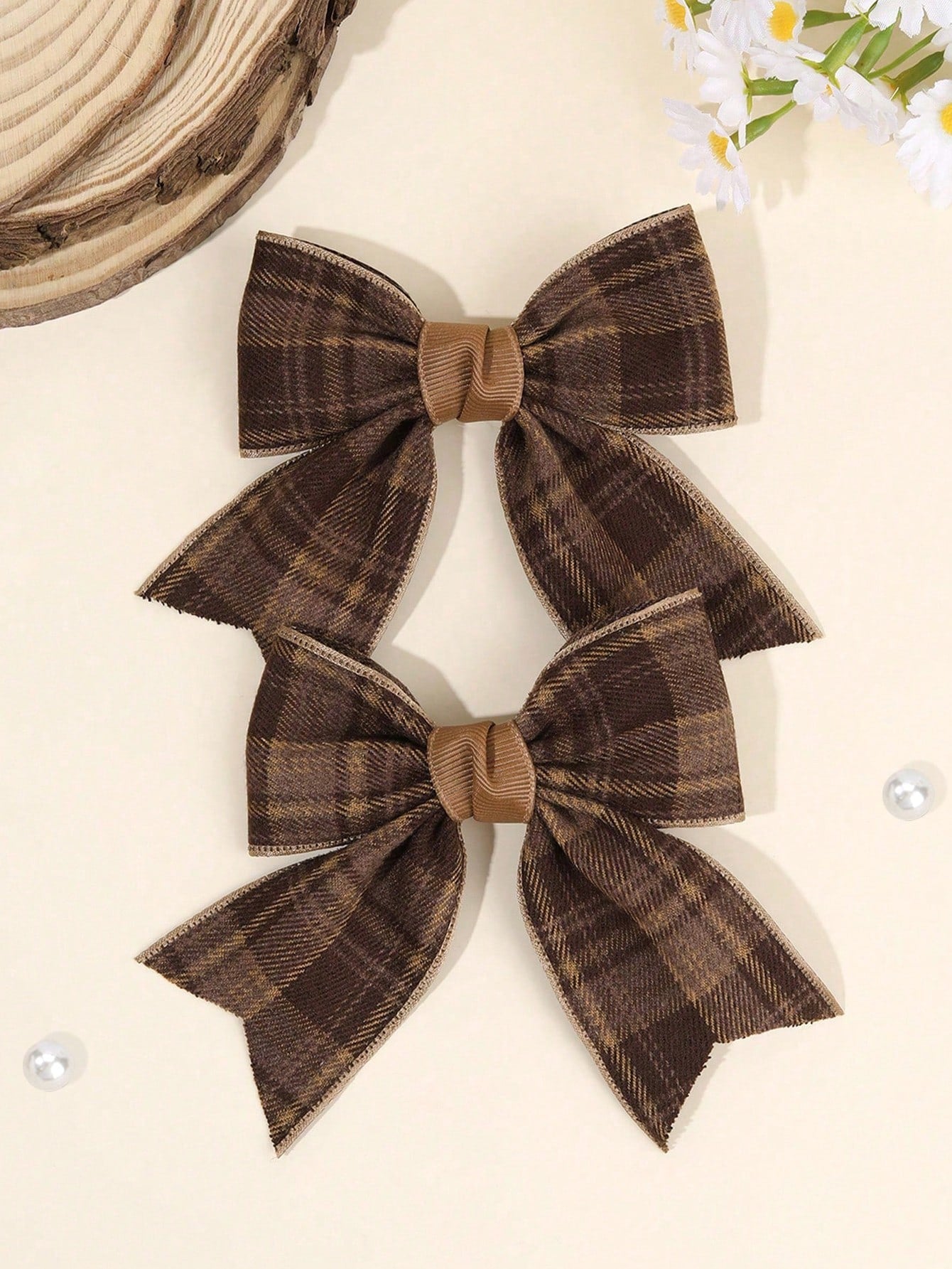2pcs Brown Plaid Hair Bows For Girls Khaiki Bow Alligator Clips With Fully Lined Elegant Bow Hair Clips With Tail Girls Fall Winter Daily Headpiece Kids Baby Hair Accessories