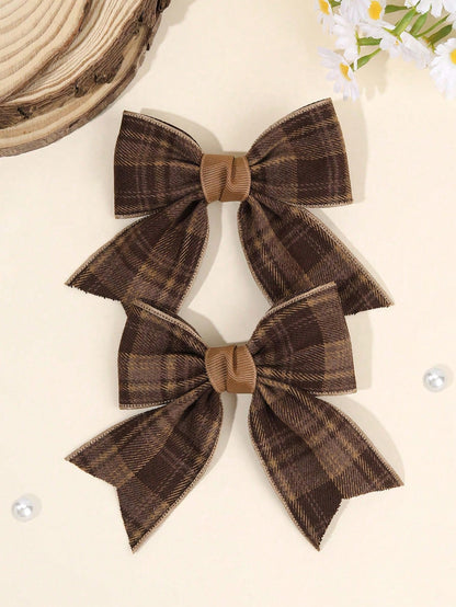 2pcs Brown Plaid Hair Bows For Girls Khaiki Bow Alligator Clips With Fully Lined Elegant Bow Hair Clips With Tail Girls Fall Winter Daily Headpiece Kids Baby Hair Accessories