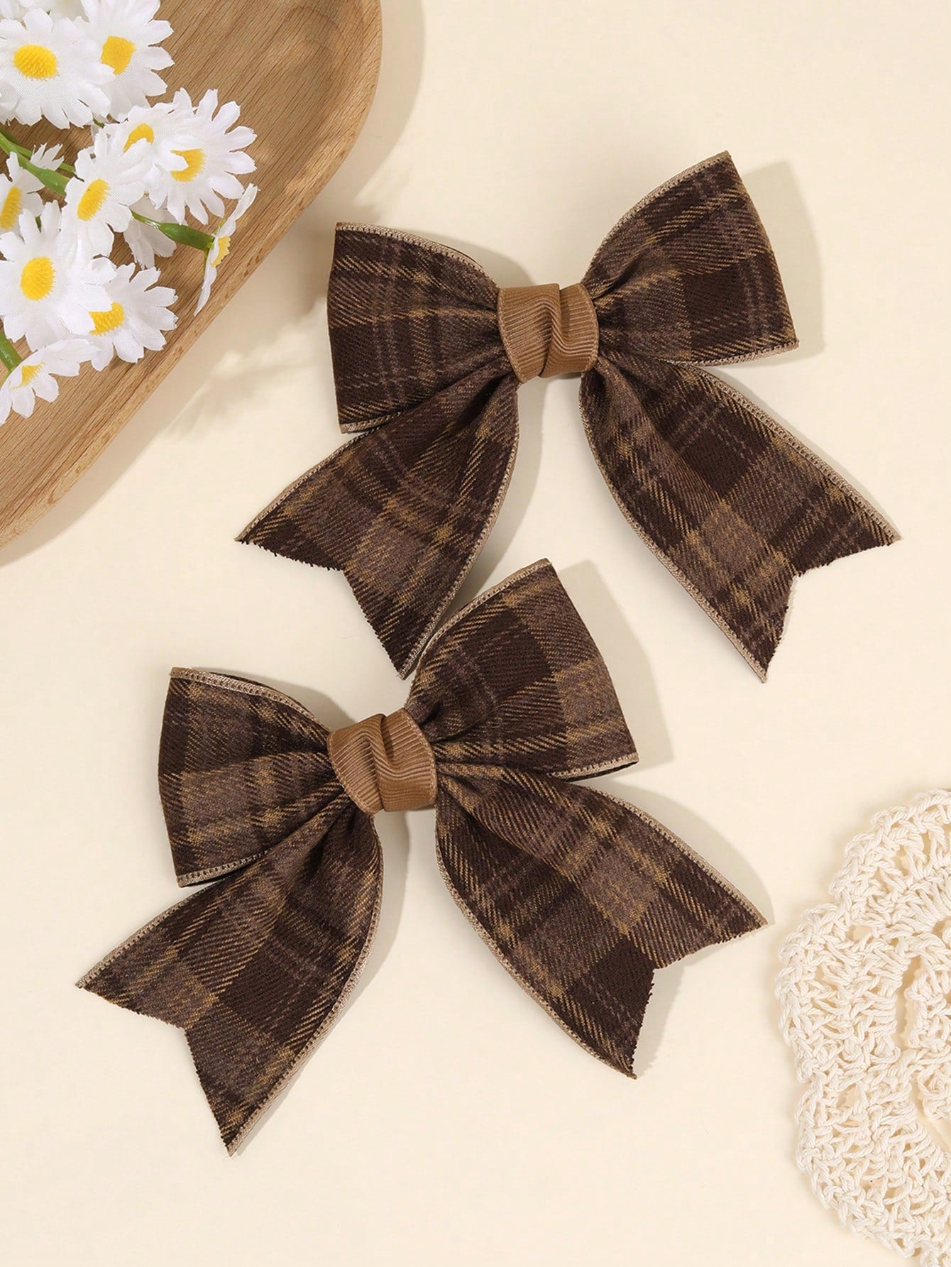 2pcs Brown Plaid Hair Bows For Girls Khaiki Bow Alligator Clips With Fully Lined Elegant Bow Hair Clips With Tail Girls Fall Winter Daily Headpiece Kids Baby Hair Accessories