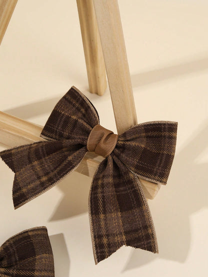 2pcs Brown Plaid Hair Bows For Girls Khaiki Bow Alligator Clips With Fully Lined Elegant Bow Hair Clips With Tail Girls Fall Winter Daily Headpiece Kids Baby Hair Accessories