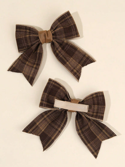 2pcs Brown Plaid Hair Bows For Girls Khaiki Bow Alligator Clips With Fully Lined Elegant Bow Hair Clips With Tail Girls Fall Winter Daily Headpiece Kids Baby Hair Accessories