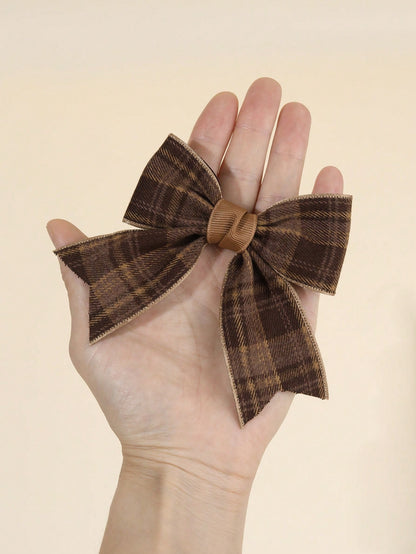 2pcs Brown Plaid Hair Bows For Girls Khaiki Bow Alligator Clips With Fully Lined Elegant Bow Hair Clips With Tail Girls Fall Winter Daily Headpiece Kids Baby Hair Accessories
