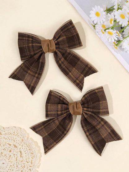 2pcs Brown Plaid Hair Bows For Girls Khaiki Bow Alligator Clips With Fully Lined Elegant Bow Hair Clips With Tail Girls Fall Winter Daily Headpiece Kids Baby Hair Accessories