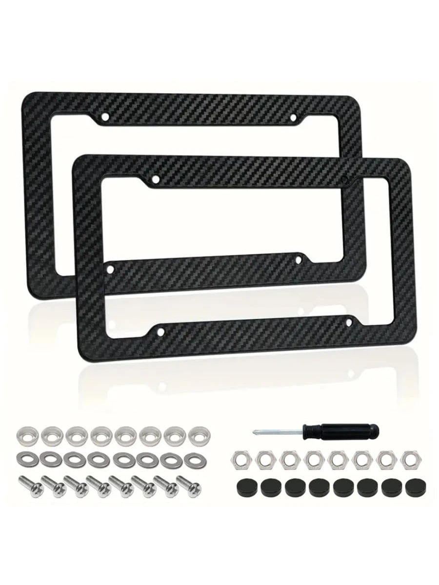 2pcs Carbon Fiber License Plate Frame Set- Stylish Black Finish, SecureFit Mounting For Front & Rear, Rust-Resistant, With Noise-Canceling Rattle Proof Pads And Premium Screw Caps, U. S. Area License