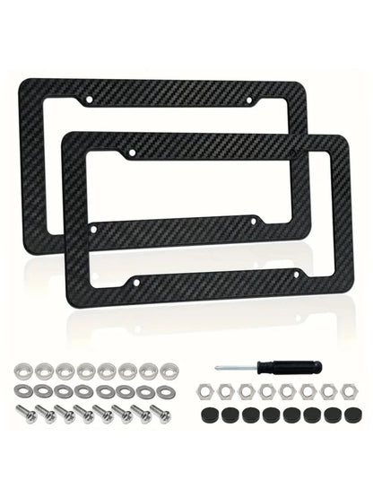 2pcs Carbon Fiber License Plate Frame Set- Stylish Black Finish, SecureFit Mounting For Front & Rear, Rust-Resistant, With Noise-Canceling Rattle Proof Pads And Premium Screw Caps, U. S. Area License