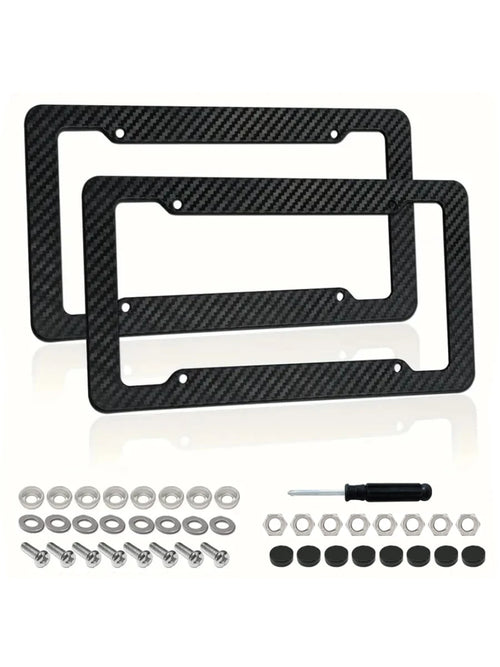 2pcs Carbon Fiber License Plate Frame Set- Stylish Black Finish, SecureFit Mounting For Front & Rear, Rust-Resistant, With Noise-Canceling Rattle Proof Pads And Premium Screw Caps, U. S. Area License