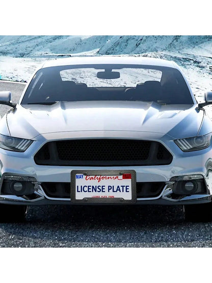 2pcs Carbon Fiber License Plate Frame Set- Stylish Black Finish, SecureFit Mounting For Front & Rear, Rust-Resistant, With Noise-Canceling Rattle Proof Pads And Premium Screw Caps, U. S. Area License