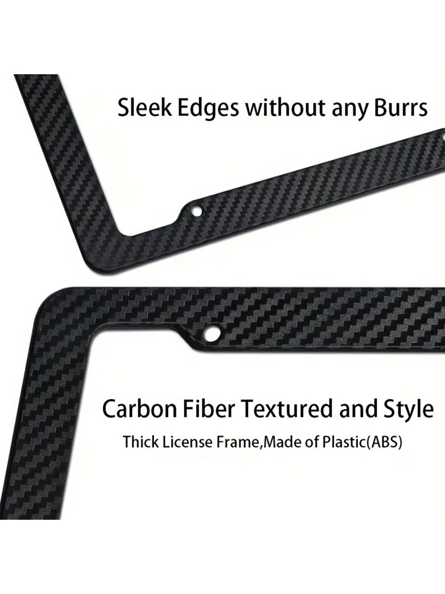 2pcs Carbon Fiber License Plate Frame Set- Stylish Black Finish, SecureFit Mounting For Front & Rear, Rust-Resistant, With Noise-Canceling Rattle Proof Pads And Premium Screw Caps, U. S. Area License