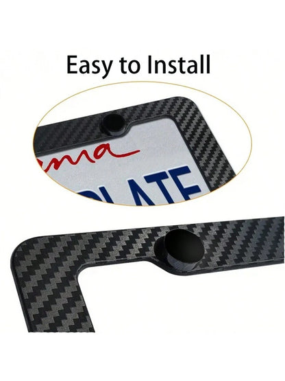 2pcs Carbon Fiber License Plate Frame Set- Stylish Black Finish, SecureFit Mounting For Front & Rear, Rust-Resistant, With Noise-Canceling Rattle Proof Pads And Premium Screw Caps, U. S. Area License