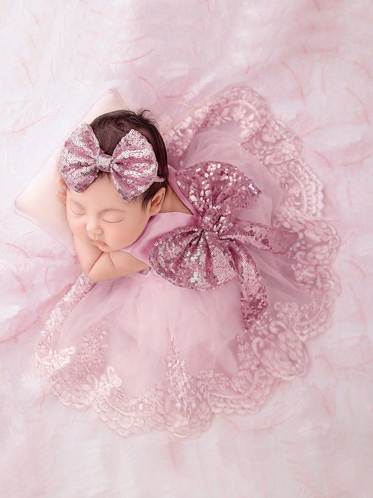 2pcs Champagne Newborn Photography Clothing Set, Baby Girls' Princess Embroidered Mesh Dress, Bowknot Lace Princess Skirt For Photo Shoot