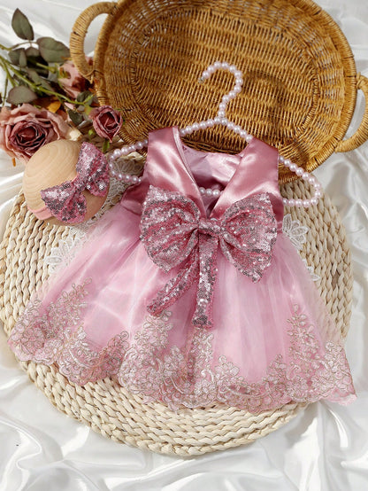 2pcs Champagne Newborn Photography Clothing Set, Baby Girls' Princess Embroidered Mesh Dress, Bowknot Lace Princess Skirt For Photo Shoot