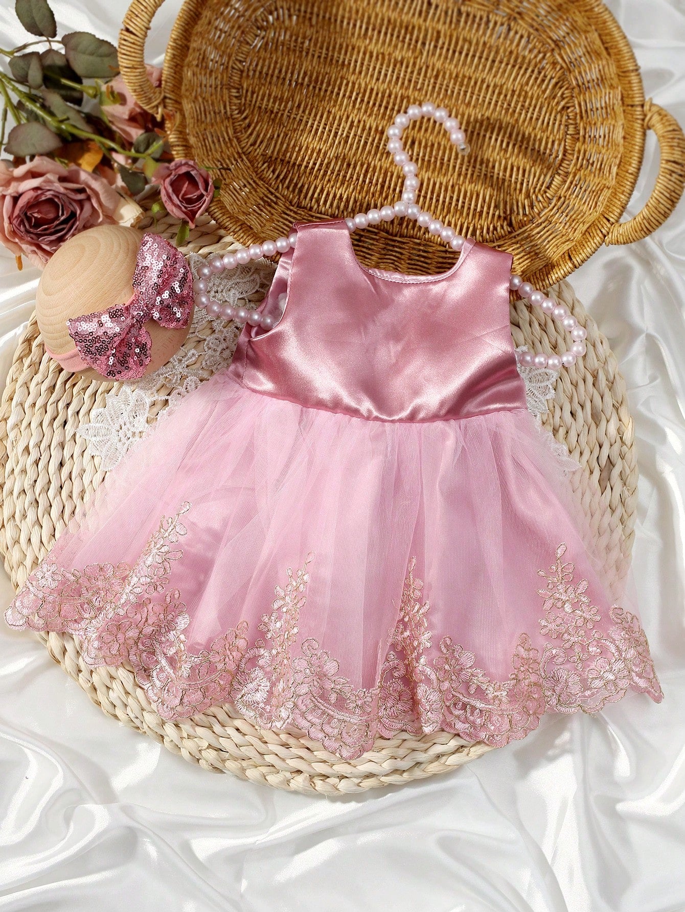 2pcs Champagne Newborn Photography Clothing Set, Baby Girls' Princess Embroidered Mesh Dress, Bowknot Lace Princess Skirt For Photo Shoot