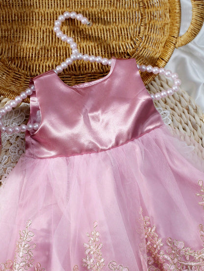 2pcs Champagne Newborn Photography Clothing Set, Baby Girls' Princess Embroidered Mesh Dress, Bowknot Lace Princess Skirt For Photo Shoot