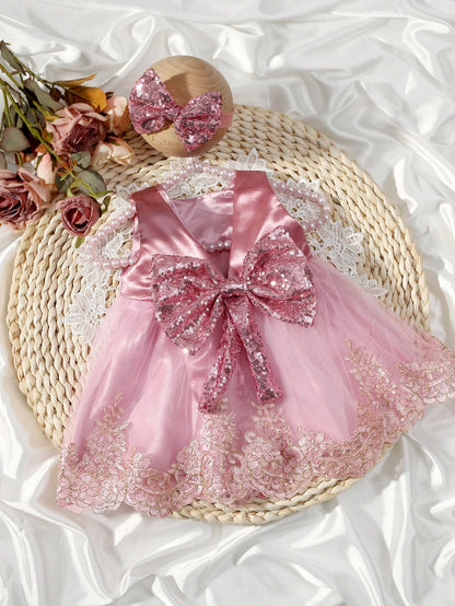 2pcs Champagne Newborn Photography Clothing Set, Baby Girls' Princess Embroidered Mesh Dress, Bowknot Lace Princess Skirt For Photo Shoot