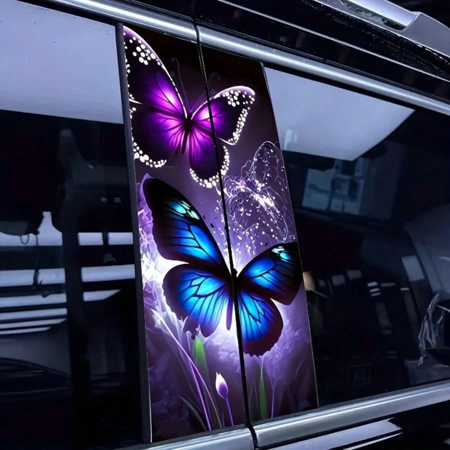 2pcs Creative Butterfly & Flower Car Decals- Vinyl B-Pillar Protector Stickers For Cars, Walls & Windows- Durable, Easy Apply