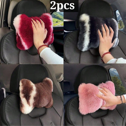 2pcs Cute Plush Car Headrest Neck Pillow, All-Season Universal Car Interior Accessory