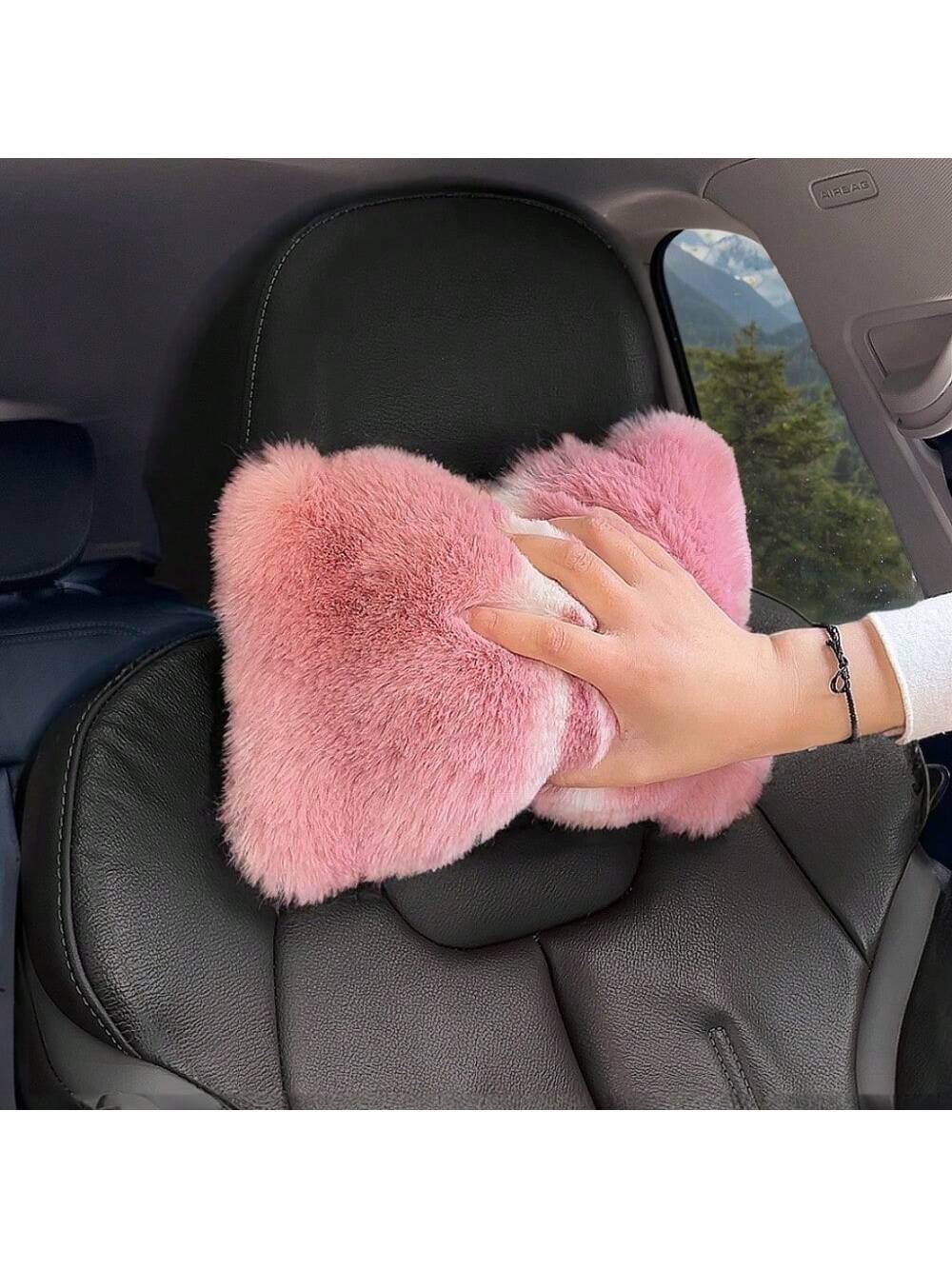 2pcs Cute Plush Car Headrest Neck Pillow, All-Season Universal Car Interior Accessory
