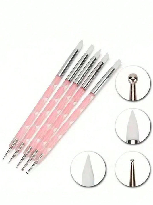 2Pcs Dual-Ended Nail Art Dotting Pen Set, Stainless Steel Silicone Dotting Tool & Acrylic Painting Brush, Marble Drawing Pen Nail Design Supplies DIY Manicure Salon